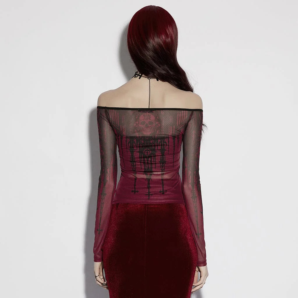 Women’s Gothic Church Skull Printed Off Shoulder Mesh Top