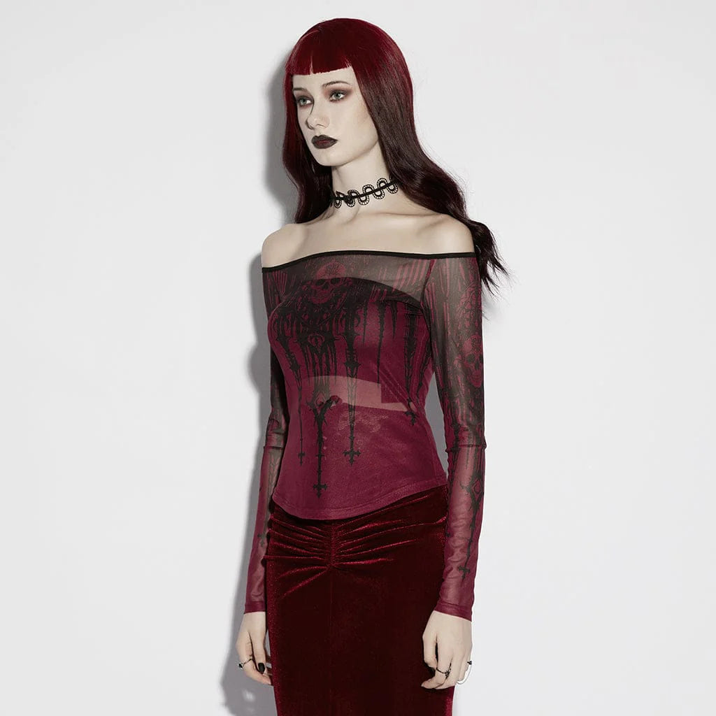 Women’s Gothic Church Skull Printed Off Shoulder Mesh Top