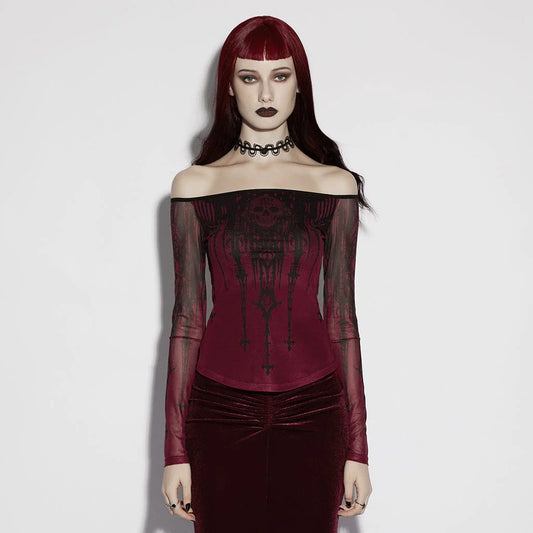 Women’s Gothic Church Skull Printed Off Shoulder Mesh Top