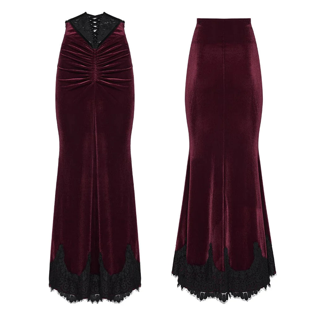 Women’s Gothic Velvet Ruched Mermaid Skirt Red