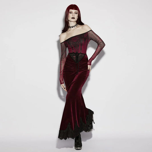 Women’s Gothic Velvet Ruched Mermaid Skirt Red