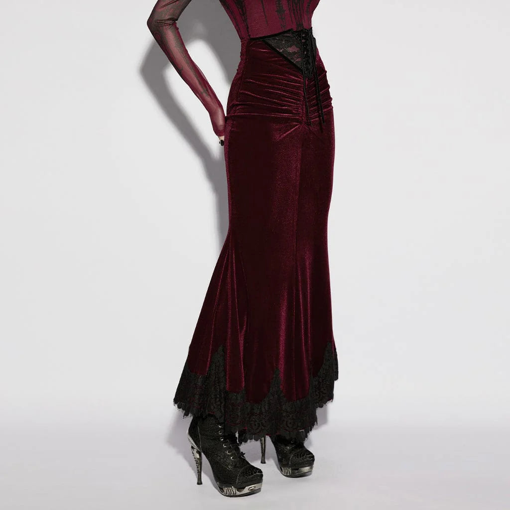 Women’s Gothic Velvet Ruched Mermaid Skirt Red