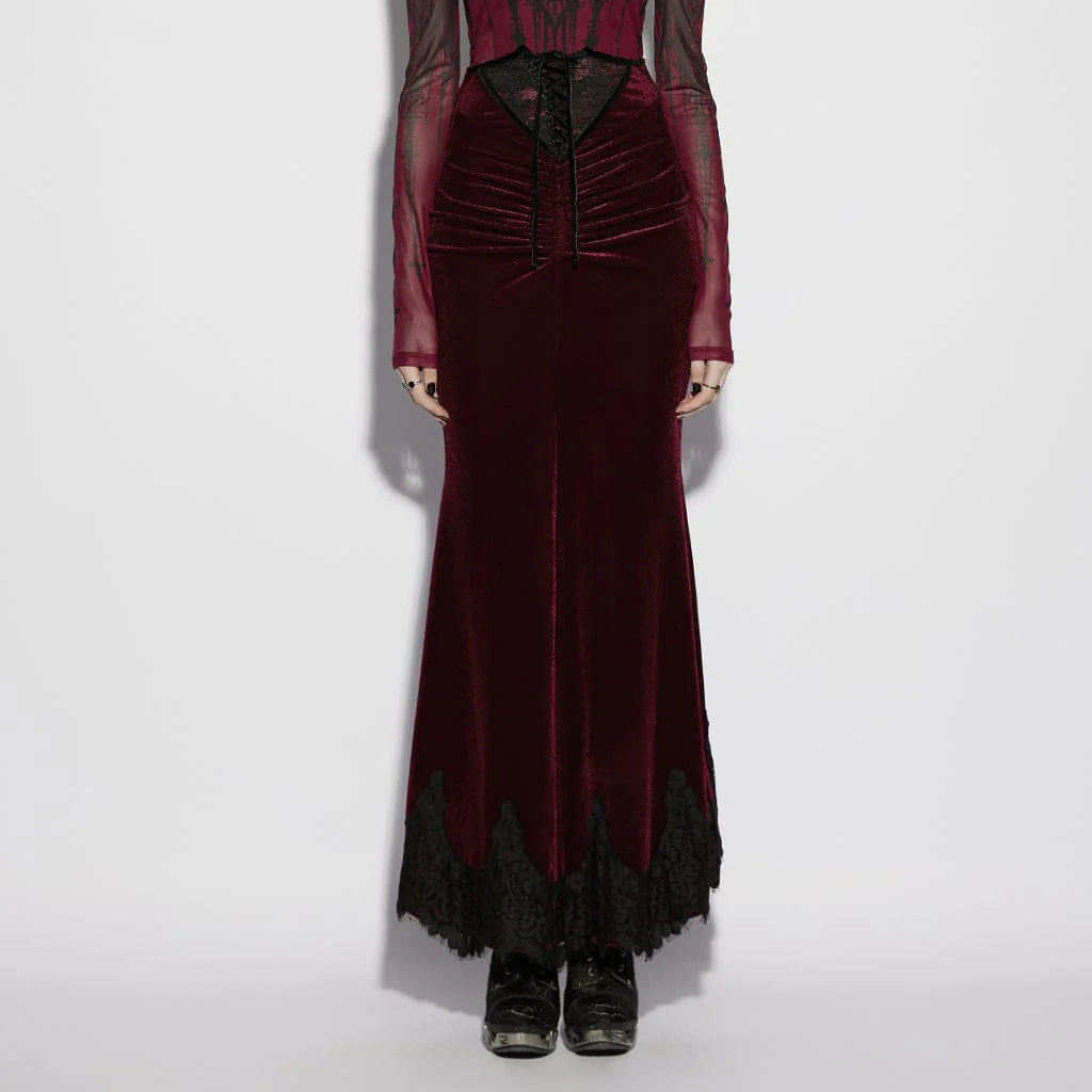 Women’s Gothic Velvet Ruched Mermaid Skirt Red