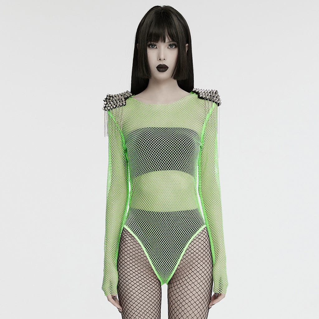 Women’s Punk Studded Tassel Mesh Bodysuit Green
