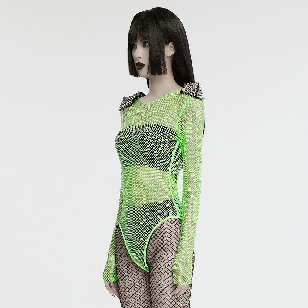 Women’s Punk Studded Tassel Mesh Bodysuit Green