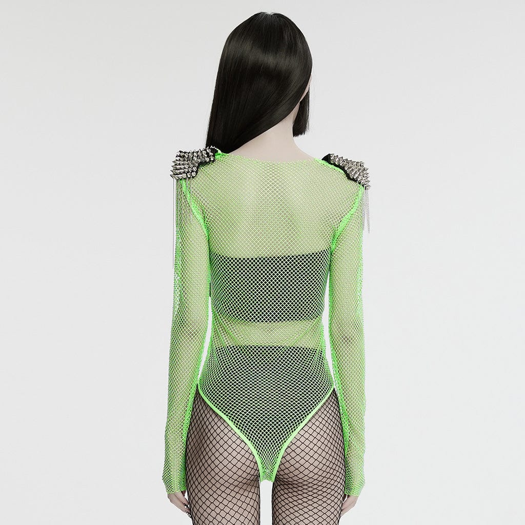 Women’s Punk Studded Tassel Mesh Bodysuit Green