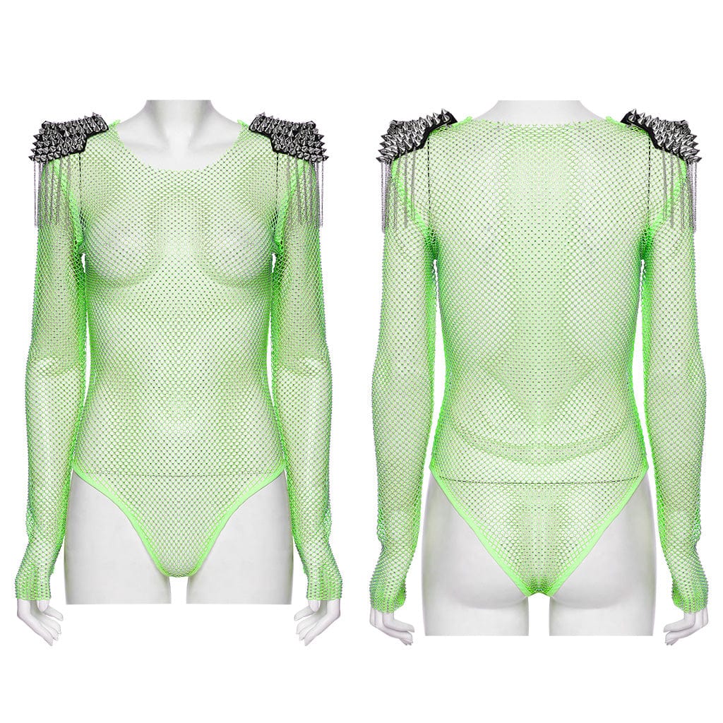 Women’s Punk Studded Tassel Mesh Bodysuit Green